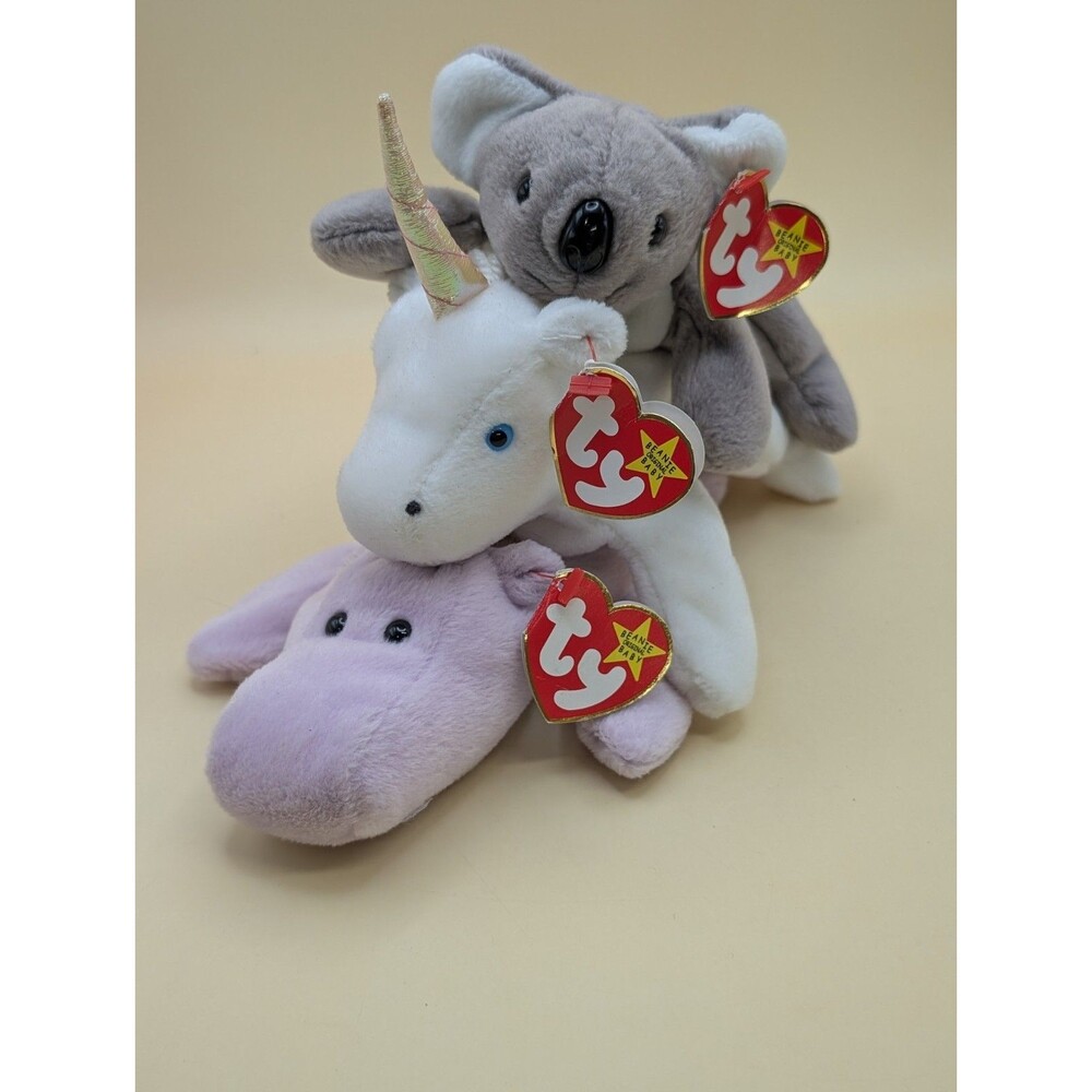 Vintage Ty Beanie Babies Lot of 3 Mystic Unicorn Happy Hippo Mel Koala Tags